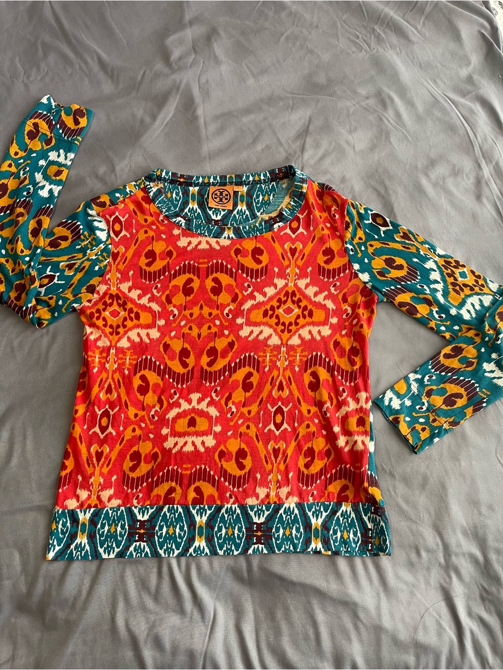 Tory Burch Red & Teal Ikat-Print Long Sleeve Top